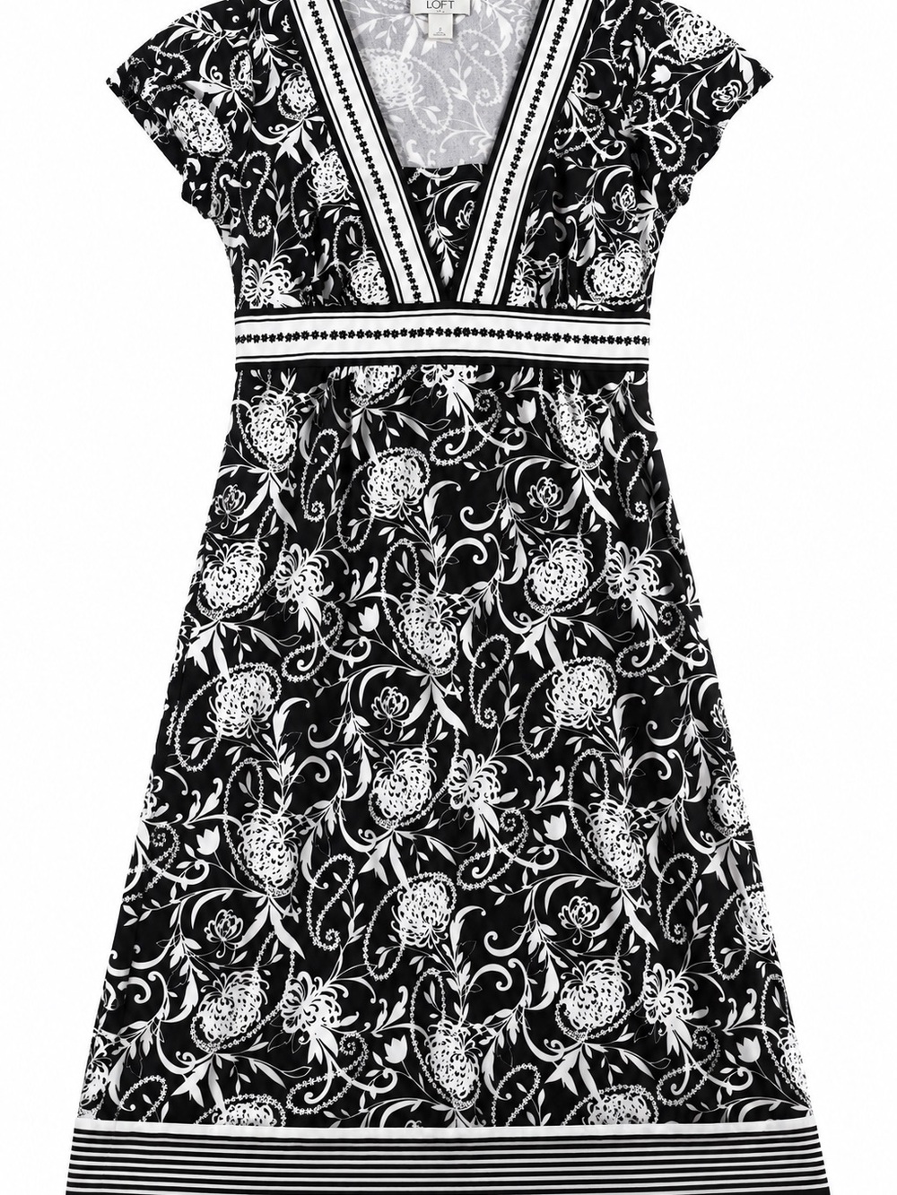 LOFT Black & White Floral V-Neck A-Line Midi Dress